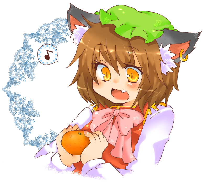 takamura, chen, touhou, bad id, bad pixiv id, 1girl, animal ears, brown hair, cat ears, cat girl, earrings, fang, female focus, food, fruit, hat, holding, holding food, holding fruit, jewelry, musical note, open mouth, orange (fruit), pun, ribbon, short hair, solo, yellow eyes