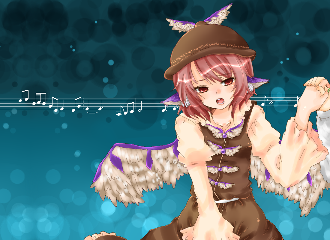 takamura, mystia lorelei, touhou, bad id, bad pixiv id, 1girl, animal ears, female focus, hat, holding hands, music, musical note, open mouth, short hair, singing, solo, solo focus, standing