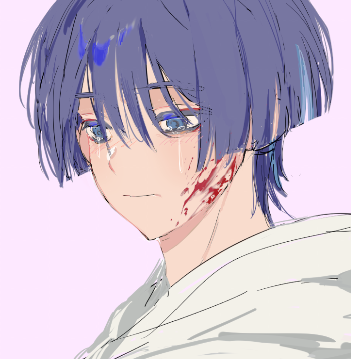 hldaisuki, scaramouche (genshin impact), genshin impact, 1boy, alternate costume, blood, blood on face, blue eyes, blunt ends, blush, casual, closed mouth, contemporary, crying, crying with eyes open, eyeliner, eyeshadow, looking down, makeup, male focus, pink background, portrait, purple hair, red eyeliner, red eyeshadow, shirt, solo, tears, tsurime, white shirt