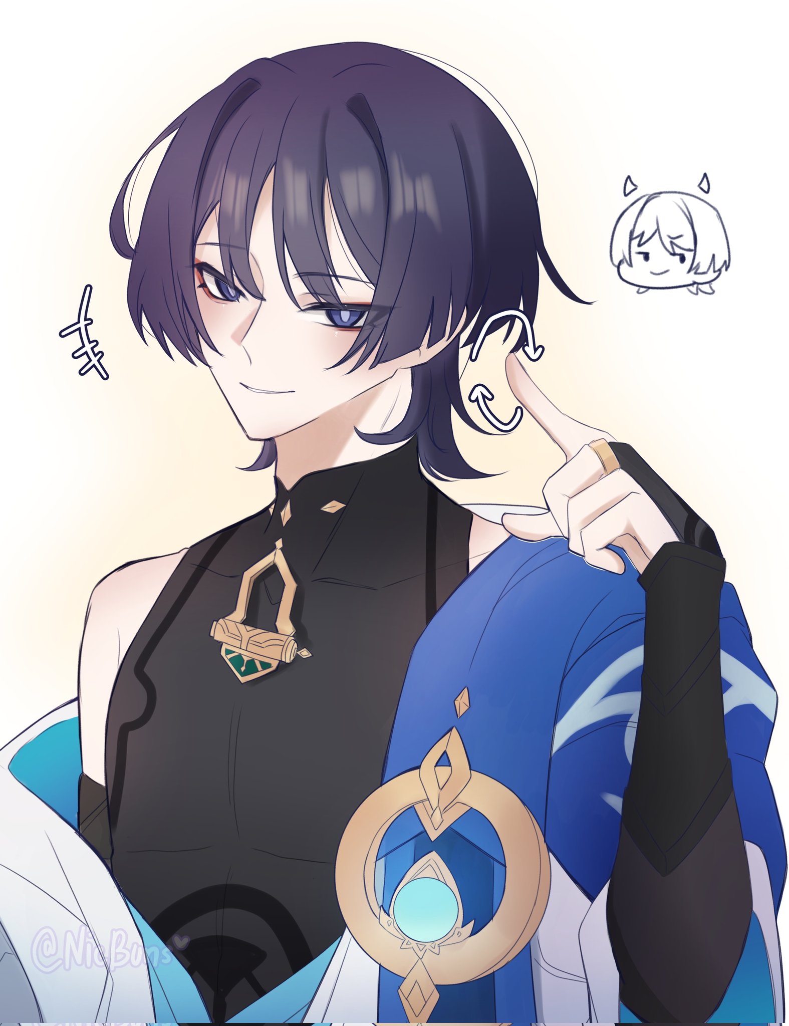 nicbuns, scaramouche (genshin impact), wanderer (genshin impact), genshin impact, highres, 1boy, armor, armpit crease, arrow (symbol), black bodysuit, black bridal gauntlets, black hair, blue cape, blue gemstone, blue kimono, blunt ends, bodysuit, bridal gauntlets, cape, covered collarbone, demon horns, detached horns, disembodied head, eyeliner, eyeshadow, gem, gold, gold ring, grey pupils, hand up, horns, index finger raised, japanese armor, japanese clothes, juban, kimono, kote, kurokote, looking at viewer, makeup, male focus, mandarin collar, middle ring, open clothes, open kimono, parted lips, pectorals, purple eyes, red eyeliner, red eyeshadow, shoulder peek, single off shoulder, smile, solo, twitter username, upper body, vision (genshin impact), white background, white kimono, white mouth, white trim, wispy bangs