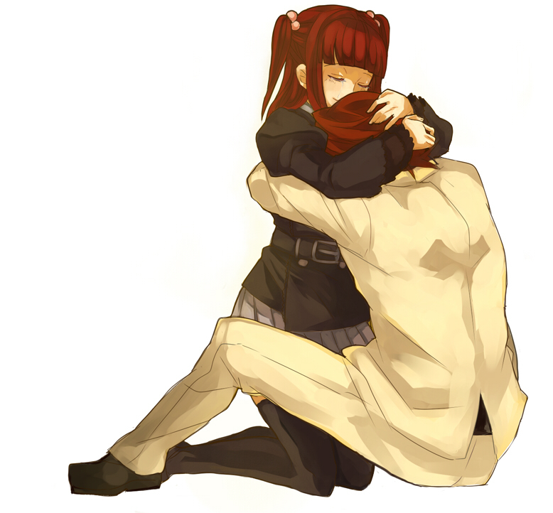nanamura, ushiromiya ange, ushiromiya battler, umineko no naku koro ni, bad id, bad pixiv id, 00s, 1boy, 1girl, brother and sister, closed eyes, comforting, formal clothes, hair bobbles, hair ornament, hand on another's head, head rest, hetero, hug, jacket, red hair, siblings, skirt, suit, thighhighs