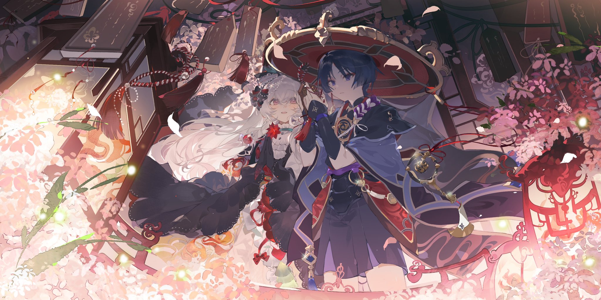 scaramouche (genshin impact), genshin impact, original, artist request, commission, highres, second-party source, 1boy, 1girl, armor, ascot, black bodysuit, black bow, black dress, black gloves, black hair, black kimono, black shorts, black sleeves, blunt ends, blush, bodysuit, bow, closed mouth, collar, commissioner insert, couple, dress, ema, eyelashes, eyeliner, eyeshadow, fingernails, flower, flower ornament, frilled collar, frills, furisode, gem, glint, gloves, gold, hair bow, hands up, hat, hayami momo (hayamimomo), hetero, holding, indoors, japanese armor, japanese clothes, jewelry, jingasa, juban, kimono, kote, kurokote, lace, lace-trimmed bow, lace sleeves, lace trim, lantern, layered shorts, layered sleeves, long hair, looking at another, looking at object, makeup, mandarin collar, mitsudomoe (shape), mole, mole under eye, neck ring, o-ring, oc x canon, open mouth, own hands together, palms together, parted bangs, pink eyes, pink flower, plant, purple eyes, purple rope, purple sash, purple shorts, red bow, red eyeliner, red eyeshadow, red flower, red gemstone, red hat, red kimono, rope, sash, shimenawa, short sleeves, shorts, tareme, tassel, tomoe (symbol), tsurime, white ascot, white collar, white hair, white kimono, white rope, white trim, wide sleeves, wispy bangs