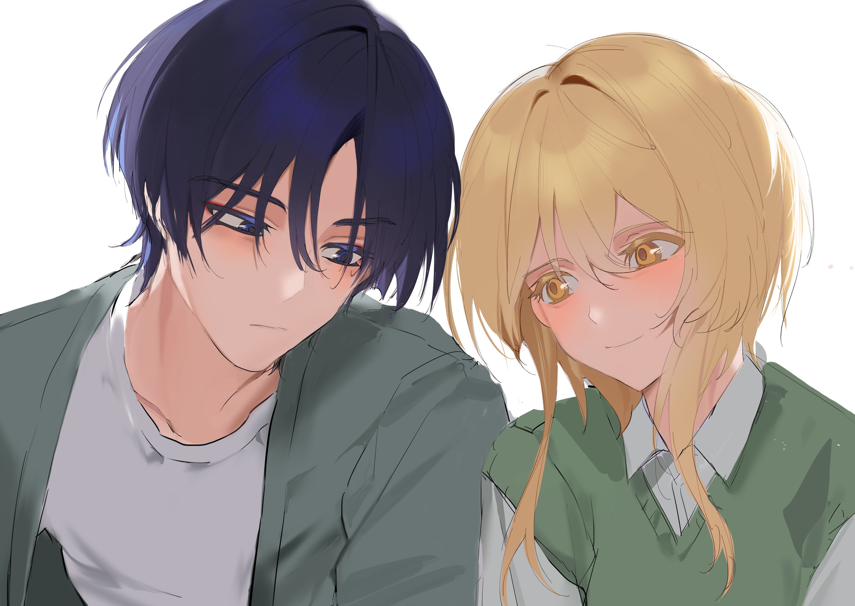 hldaisuki, lumine (genshin impact), scaramouche (genshin impact), genshin impact, highres, 1boy, 1girl, alternate costume, averting eyes, black hair, blonde hair, blunt ends, blush, casual, closed mouth, collared shirt, colored eyelashes, contemporary, eyeliner, eyeshadow, green jacket, green sleeves, green sweater vest, hair between eyes, hair intakes, hetero, jacket, looking at another, looking down, makeup, multicolored hair, open clothes, open jacket, purple eyes, purple hair, red eyeliner, red eyeshadow, shirt, short hair, short hair with long locks, side-by-side, sidelocks, smile, streaked hair, sweater vest, tareme, tsurime, undershirt, white background, white shirt, white sleeves, wispy bangs, yellow eyes