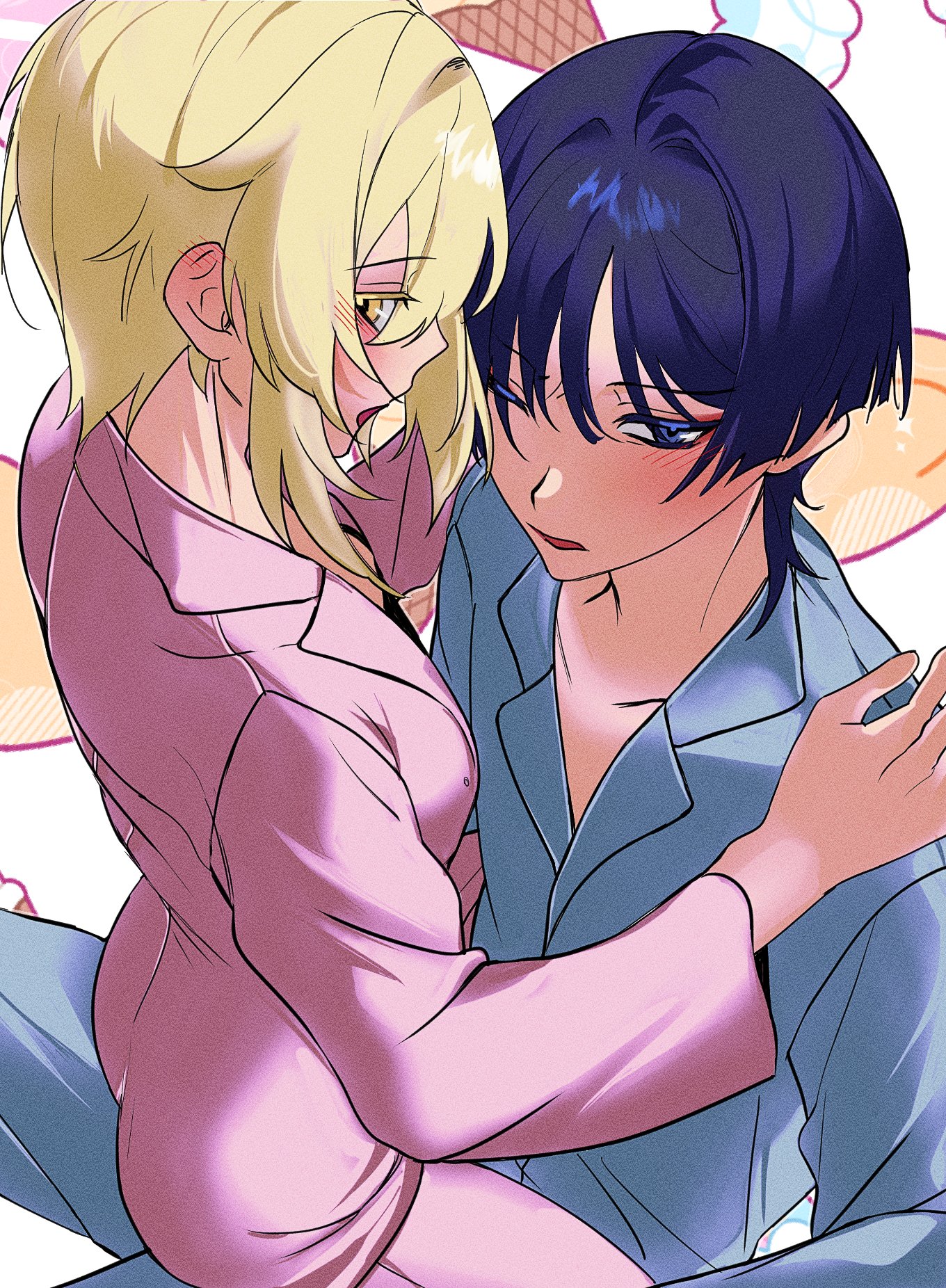 hldaisuki, lumine (genshin impact), scaramouche (genshin impact), genshin impact, highres, 1boy, 1girl, alternate costume, averting eyes, blonde hair, blue pajamas, blue pants, blue sleeves, blunt ends, blush, collarbone, colored eyelashes, contemporary, couple, ear blush, eyeliner, eyeshadow, from above, girl on top, hair intakes, hands up, hetero, lapels, long sleeves, makeup, one eye closed, open mouth, pajamas, pants, pink pajamas, pink pants, pink sleeves, purple eyes, red eyeliner, red eyeshadow, short hair, short hair with long locks, sidelocks, sitting, sitting on person, straddling, tsurime, upright straddle, wispy bangs