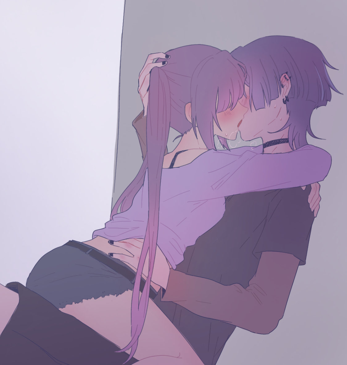 naysucc, mona (genshin impact), scaramouche (genshin impact), genshin impact, 1boy, 1girl, against wall, arms around neck, belt, black belt, black choker, black nails, black shirt, black shorts, black sleeves, blunt bangs, blunt ends, blush, brown sleeves, choker, clothes lift, couple, denim, denim shorts, ear piercing, earrings, facing another, french kiss, grey shorts, hair over eyes, hand on another's back, hand on another's head, hand on another's shoulder, hand under clothes, heavy breathing, hetero, hug, jewelry, kiss, layered sleeves, long hair, long sleeves, multicolored hair, obscured eyes, piercing, pink hair, purple hair, purple shirt, purple sleeves, purple theme, shirt, shirt lift, short over long sleeves, short sleeves, shorts, sidelocks, sitting, sitting on person, spaghetti strap, straddling, streaked hair, sweat, twintails, upright straddle