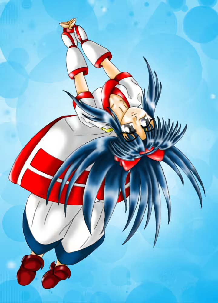 nakoruru, samurai spirits, snk, the king of fighters, 1girl, ainu clothes, arms up, blue hair, breasts, fingerless gloves, gloves, grey eyes, hair ribbon, large breasts, legs, long hair, looking at viewer, own hands together, pants, ribbon, smile, solo, thighs