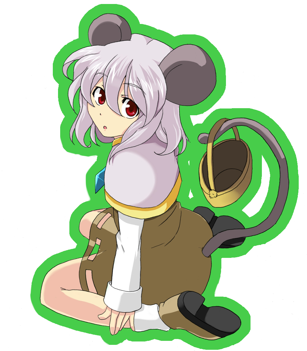 ooike teru, nazrin, touhou, 1girl, animal ears, basket, female focus, full body, grey hair, mouse ears, mouse tail, red eyes, short hair, simple background, sitting, solo, tail, white background