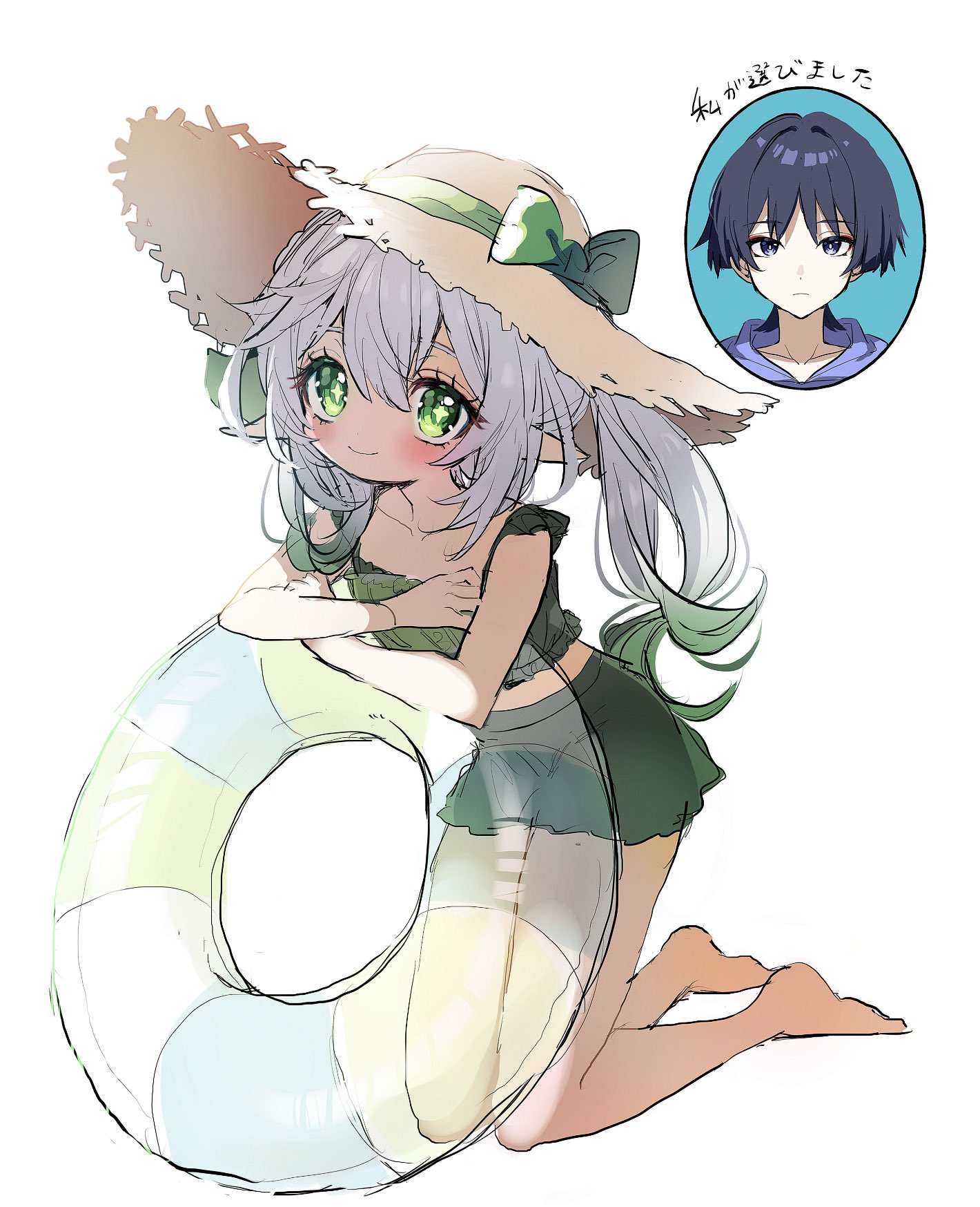 hirarinoie, nahida (genshin impact), scaramouche (genshin impact), genshin impact, highres, source request, translation request, 1boy, 1girl, alternate costume, asymmetrical sidelocks, barefoot, bikini, bikini bottom only, bikini skirt, black hair, blunt ends, blush, bow, bright pupils, closed mouth, collar, collarbone, colored tips, contemporary, cross-shaped pupils, eyelashes, eyeliner, eyeshadow, green bow, green eyes, green hair, green pupils, green skirt, grey eyes, hair between eyes, hair ornament, hat, hat bow, kneeling, leaf, leaf hair ornament, looking at viewer, makeup, multicolored hair, pointy ears, purple collar, red eyeliner, red eyeshadow, sidelocks, sketch, skirt, smile, sun hat, swim ring, swimsuit, symbol-shaped pupils, tareme, transparent innertube, white background, white hair, white pupils, wispy bangs