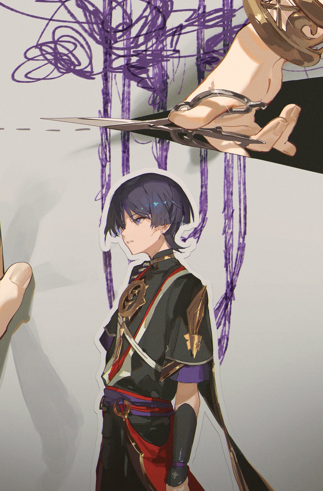 o0oherb, nahida (genshin impact), scaramouche (genshin impact), genshin impact, bad id, bad twitter id, commentary request, highres, 1boy, armor, arms at sides, black shorts, black sleeves, blunt ends, bracelet, character cutout, cutting, fingernails, glint, gold, gold trim, hair over one eye, holding, holding paper, holding scissors, japanese armor, japanese clothes, jewelry, juban, kimono, kote, kurokote, layered sleeves, looking at another, mitsudomoe (shape), neck ring, o-ring, open clothes, open kimono, open mouth, paper, paper background, purple eyes, purple hair, purple sash, purple sleeves, red kimono, red sash, sash, scissors, scribble background, short sleeves, shorts, single sode, tomoe (symbol), white kimono, white mouth
