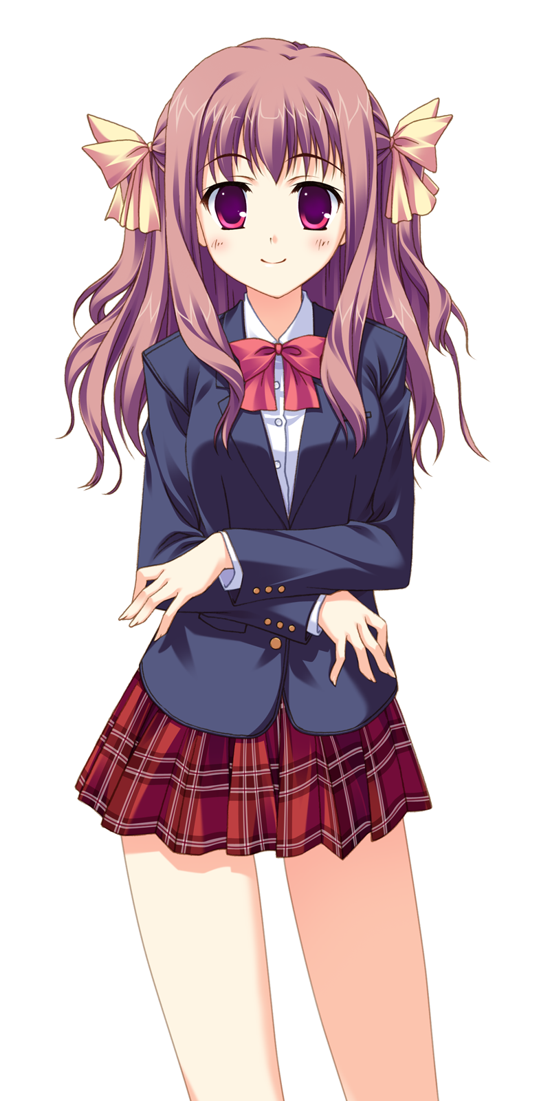 hinata nao, original, highres, hair ribbon, long hair, plaid clothes, plaid skirt, purple eyes, purple hair, ribbon, school uniform, skirt, solo, twintails