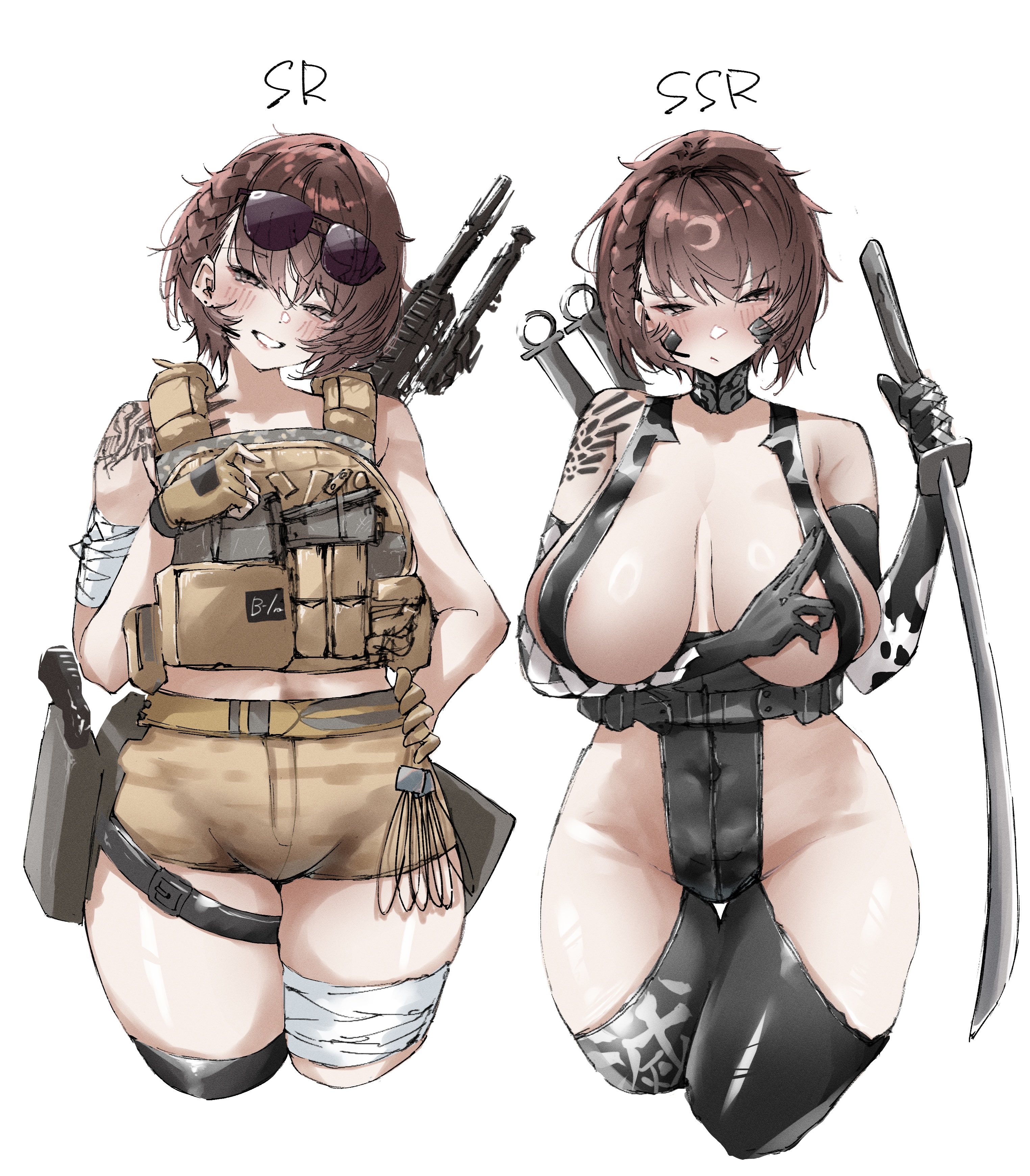 hii (motorholic), delta (nikke), delta (ninja thief) (nikke), goddess of victory: nikke, absurdres, highres, 1girl, bandaged arm, bandaged leg, bandages, battle rifle, blush, breasts, breasts apart, brown hair, camouflage, camouflage shorts, dual persona, elbow gloves, eyewear on head, gloves, gun, h&k hk417, holding, holding sword, holding weapon, huge breasts, official alternate costume, revealing clothes, rifle, short hair, shorts, shoulder tattoo, sunglasses, sword, tattoo, thighs, weapon, white background
