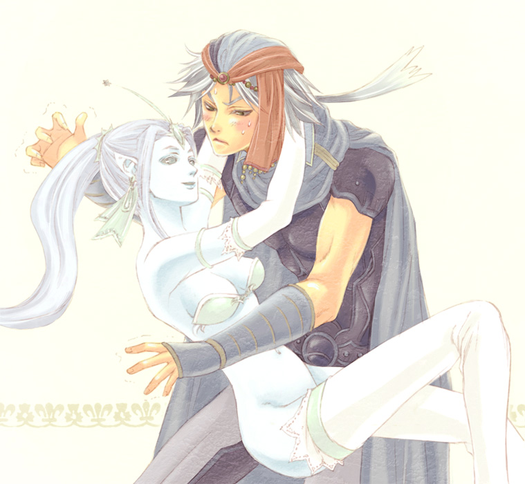 awatukisei, firion, shiva (final fantasy), dissidia final fantasy, final fantasy, final fantasy ii, 1980s (style), 1boy, 1girl, bikini, bikini top only, blue eyes, blue hair, blue skin, bottomless, colored skin, hetero, hug, long hair, oldschool, pointy ears, ponytail, retro artstyle, sweatdrop, swimsuit, thighhighs