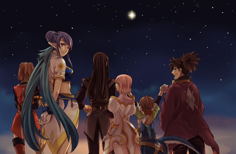 miho (mi), estellise sidos heurassein, judith (tales), karol capel, raven (tales), repede (tales), rita mordio, yuri lowell, tales of (series), tales of vesperia, 00s, 3boys, 3girls, black hair, blue hair, brown hair, dog, everyone, long hair, multiple boys, multiple girls, night, pink hair, pointy ears, red eyes, star (symbol)
