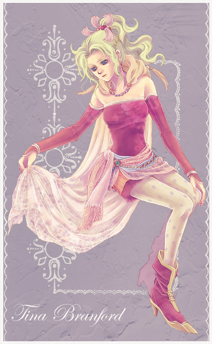 awatukisei, tina branford, dissidia final fantasy, final fantasy, final fantasy vi, highres, 1990s (style), 1girl, blue eyes, boots, bow, cape, character name, detached sleeves, dress, earrings, female focus, gloves, green hair, jewelry, pantyhose, pink bow, ponytail, retro artstyle, ribbon, solo