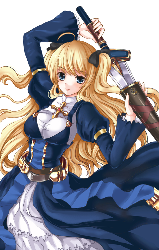 sadakofxe, original, bad id, bad pixiv id, 1girl, blonde hair, blue eyes, breasts, cross, dress, female focus, holding, holding sword, holding weapon, large breasts, long hair, sheath, solo, sword, twintails, unsheathing, weapon