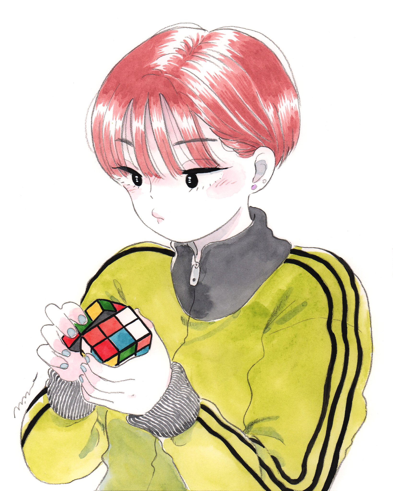 emamemamo33, original, highres, painting (medium), traditional media, watercolor (medium), 1girl, black eyes, blue nails, blush, choppy bangs, earrings, fingernails, holding, jacket, jewelry, looking at object, nail polish, pixie cut, pursed lips, red hair, rubik's cube, short hair, signature, simple background, solo, striped sleeves, stud earrings, track jacket, white background, yellow jacket