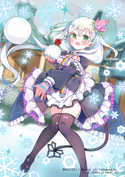 satsuki mayuri, z/x, official art, 1girl, black bow, black dress, black thighhighs, blue gloves, bow, bow legwear, braid, copyright notice, dragon tail, dress, flower, frilled dress, frills, gloves, green eyes, grey hair, hair flower, hair ornament, holding, holding snowball, long hair, lyrph (z/x), multicolored gloves, open mouth, outdoors, pink flower, pink gloves, red flower, red rose, rose, shoes, side braid, single braid, snow, snowball, snowball fight, snowflakes, solo, tail, thighhighs, throwing, very long hair, white bow, white shoes, winter