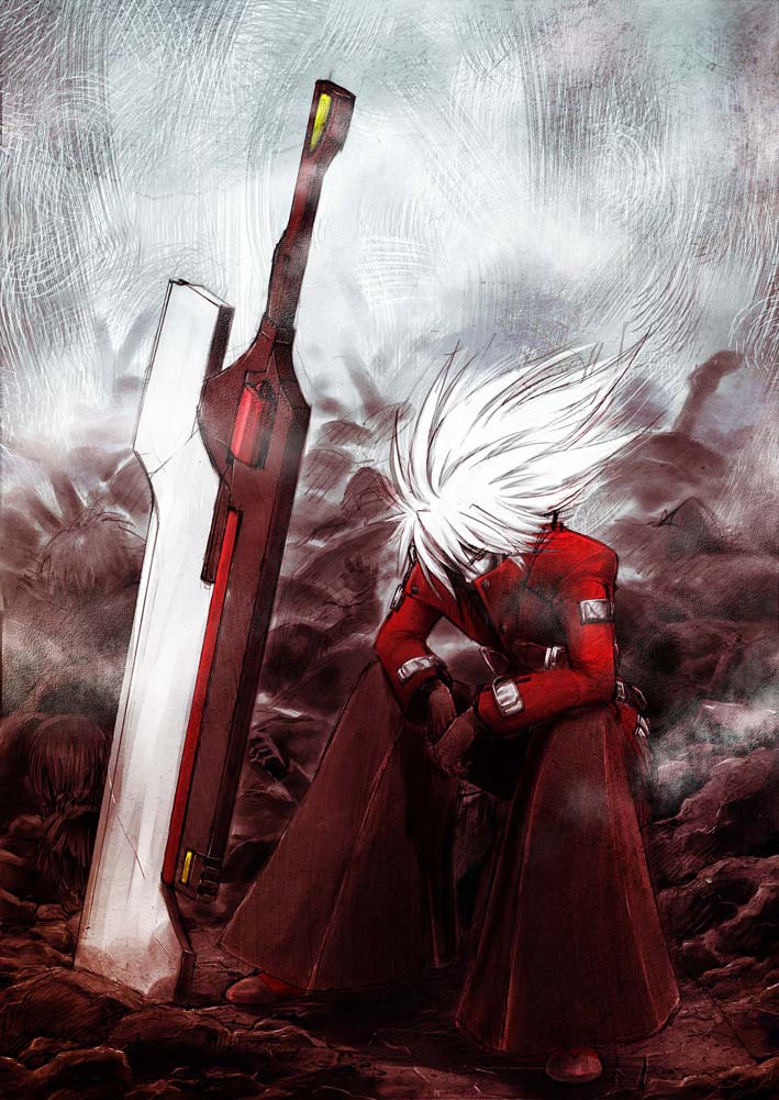 toto. (nahanahasai), ragna the bloodedge, arc system works, blazblue, silver hair, 1boy, black pants, corpse, huge weapon, male focus, pants, red eyes, short hair, solo, sword, weapon
