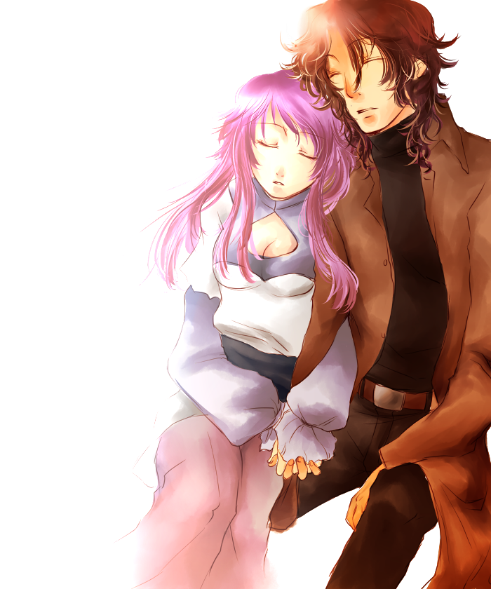 hctb, misumis, anew returner, lyle dylandy, gundam, gundam 00, bad id, bad pixiv id, 00s, cleavage cutout, clothing cutout, purple hair, sleeping