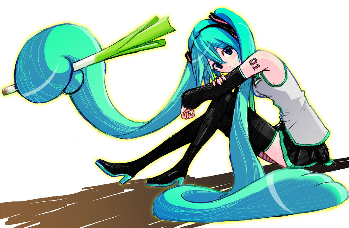 toto. (nahanahasai), hatsune miku, vocaloid, aqua eyes, aqua hair, boots, detached sleeves, headphones, long hair, necktie, prehensile hair, skirt, solo, spring onion, thighhighs, twintails, very long hair