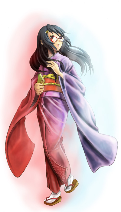 agles, akaneyu akiiro, original, bad id, bad pixiv id, 1girl, black eyes, black hair, female focus, glasses, japanese clothes, kimono, red-framed eyewear, sandals, solo
