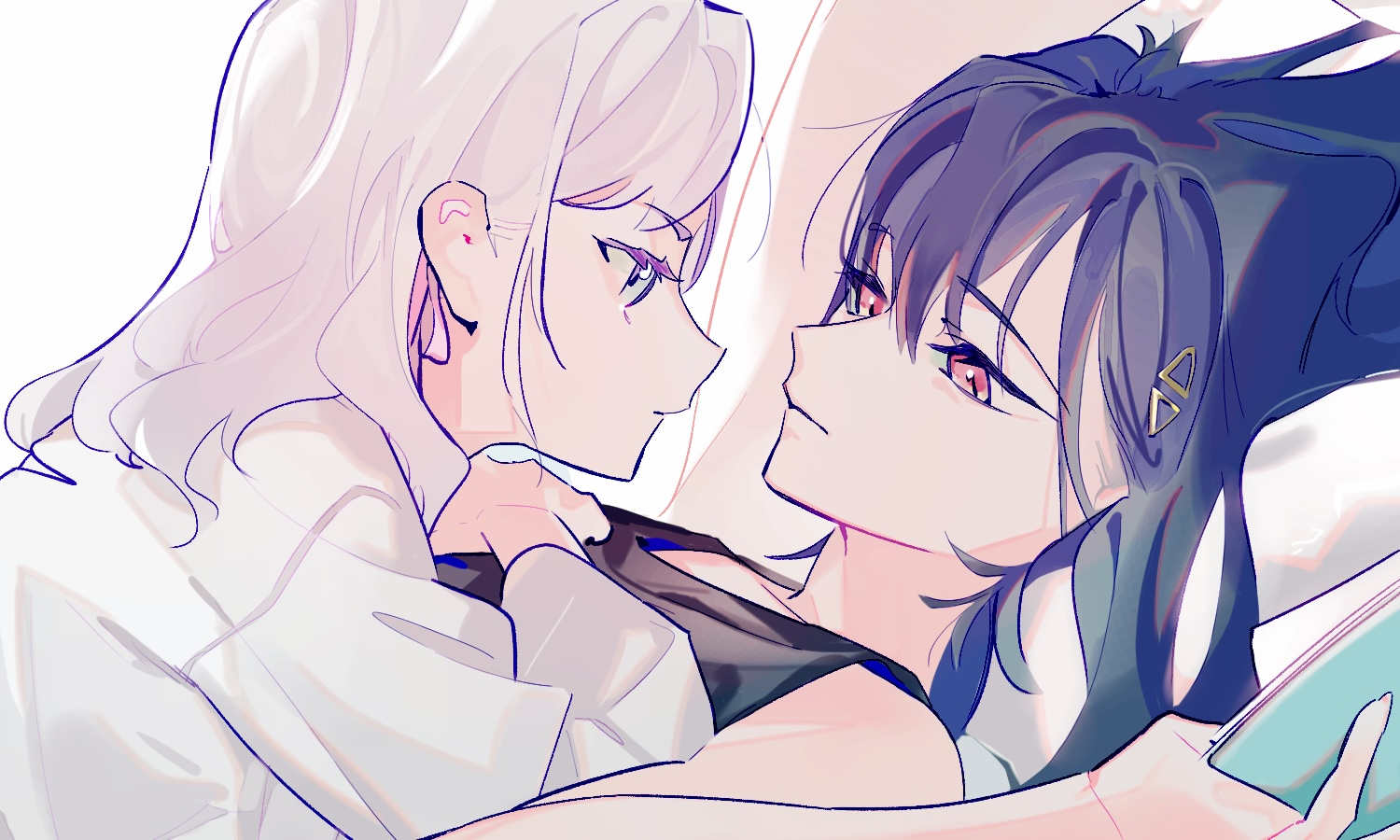 pipi (m1x mix), ceras yanagida lilienfeld, ceras yanagida lilienfeld (summer loungewear), katsuragi izumi, katsuragi izumi (summer loungewear), link! like! love live!, love live!, commentary, 2girls, bare shoulders, black hair, black tank top, blue eyes, cellphone, closed mouth, edel note, eye contact, hair ornament, hair ribbon, holding, holding phone, jacket, long hair, long sleeves, looking at another, lying, multiple girls, on back, on bed, phone, pink ribbon, profile, red eyes, ribbon, sidelocks, simple background, smartphone, tank top, triangle hair ornament, virtual youtuber, white background, white hair, white jacket, yuri