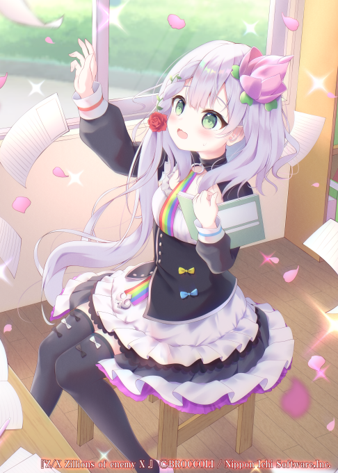 liuliu, z/x, official art, 1girl, arm up, black bow, black dress, black thighhighs, blue bow, book, bow, bow legwear, braid, chair, copyright notice, desk, dress, dress bow, flower, green eyes, grey hair, hair flower, hair ornament, holding, holding book, indoors, long hair, lyrph (z/x), on chair, open book, open mouth, paper, pink flower, pink petals, red flower, red rose, rose, side braid, single braid, sitting, solo, thighhighs, white bow, window, yellow bow
