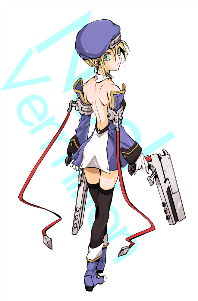 air (pixiv731462), sume, sumeshi (ambivalince), noel vermillion, arc system works, blazblue, uniform, bad id, bad pixiv id, 1girl, beret, blonde hair, blue boots, boots, detached sleeves, dress, female focus, gloves, green eyes, gun, hat, short dress, short hair, solo, thighhighs, weapon