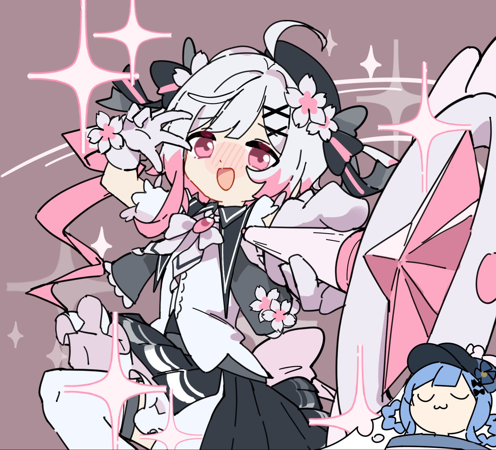 33puruspa, sakuraba ema, tachibana sherry, mahou shoujo no majo saiban, highres, 2girls, :3, :d, ahoge, alternate costume, beret, black capelet, black skirt, blush, capelet, dreaming, dress, flower, frilled dress, frills, gem, gloves, hair ornament, hat, hat flower, holding, holding wand, looking at viewer, magical girl, multicolored hair, multiple girls, nose blush, open mouth, pink eyes, pink hair, red background, shirt, simple background, skirt, sleeping, smile, solo focus, sparkle, thighhighs, w, wand, white flower, white gloves, white hair, white shirt, white thighhighs, x hair ornament