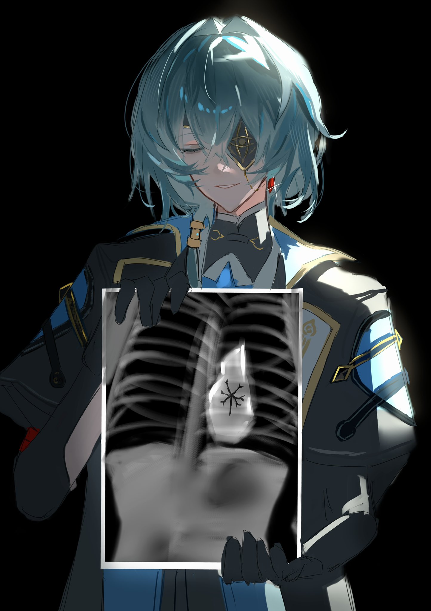 irzm30, anaxa (honkai: star rail), honkai: star rail, honkai (series), highres, 1boy, aqua hair, black background, black jacket, chain, closed eyes, earrings, eyepatch, gem, hair between eyes, hair intakes, jacket, jewelry, lapels, male focus, mandarin collar, medium hair, notched lapels, one eye covered, red gemstone, shirt, side ponytail, simple background, single earring, smile, solo, teeth, upper body, white shirt, x-ray