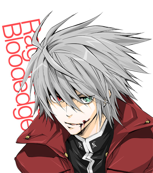 air (pixiv731462), sume, sumeshi (ambivalince), ragna the bloodedge, arc system works, blazblue, silver hair, bad id, bad pixiv id, 1boy, blood, character name, green eyes, heterochromia, male focus, red eyes, short hair, solo
