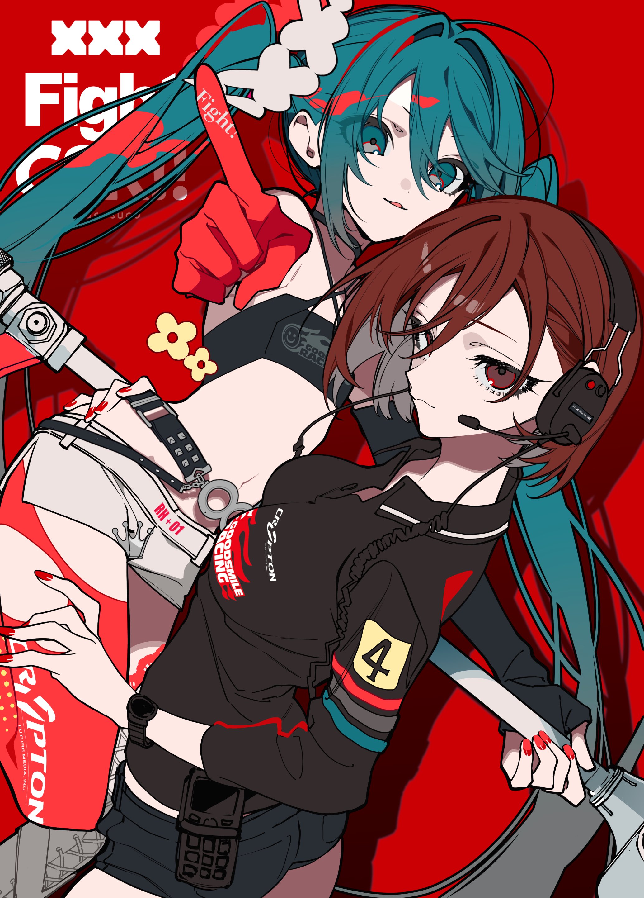 mochizuki kei, hatsune miku, racing miku, goodsmile company, goodsmile racing, absurdres, highres, 2girls, bikini, black jacket, gloves, green eyes, green hair, hair between eyes, headphones, jacket, looking at viewer, microphone, multiple girls, navel, pointing, pointing at viewer, red background, red eyes, red gloves, red hair, super gt, swimsuit, twintails