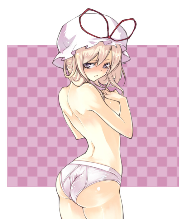 miya9, yakumo yukari, touhou, 1girl, alternate hairstyle, ass, back, blush, breast suppress, breasts, briefs, classic fly briefs, female focus, from behind, hair up, looking back, male underwear, panties, solo, tears, topless female, underwear, underwear only, white briefs