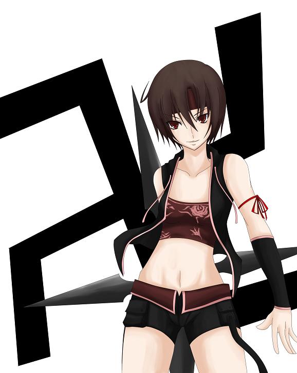 tomoesei chuuya, yuffie kisaragi, final fantasy, final fantasy vii, final fantasy vii advent children, bad id, bad pixiv id, jpeg artifacts, 00s, 1990s (style), 1girl, bandeau, bare shoulders, brown eyes, brown hair, detached sleeves, female focus, headband, manji (symbol), midriff, retro artstyle, ribbon, short hair, shorts, shuriken, solo, strapless, swastika, tube top, vest, weapon