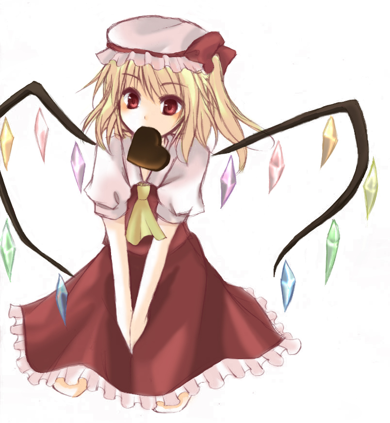 muzuki hikari, flandre scarlet, touhou, 1girl, blonde hair, candy, chocolate, chocolate heart, female focus, food, hat, heart, mob cap, mouth hold, red eyes, simple background, solo, white background, wings