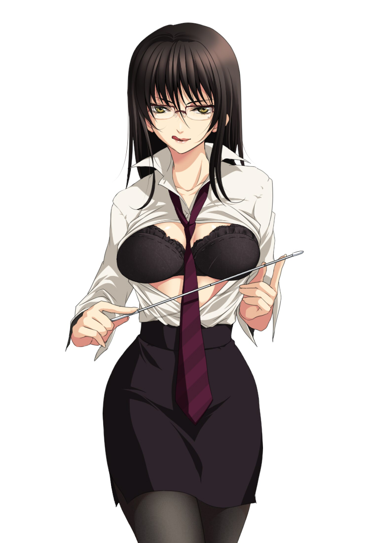 jyuru, original, 1girl, black bra, black hair, bra, business suit, female focus, formal clothes, glasses, licking lips, lingerie, long hair, mole, mole under eye, naughty face, necktie, open clothes, open shirt, pantyhose, pencil skirt, pointer, raised eyebrow, shirt, skirt, solo, suit, teacher, tongue, tongue out, underwear, yellow eyes