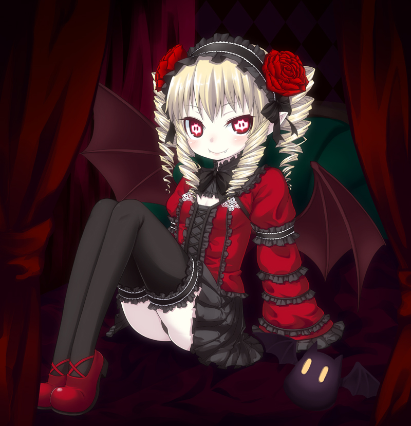 kou (garakuta teikoku), original, 1girl, bat (animal), bat wings, blonde hair, drill hair, fang, fangs, female focus, gothic lolita, lolita fashion, pointy ears, red eyes, solo, thighhighs, vampire, wings