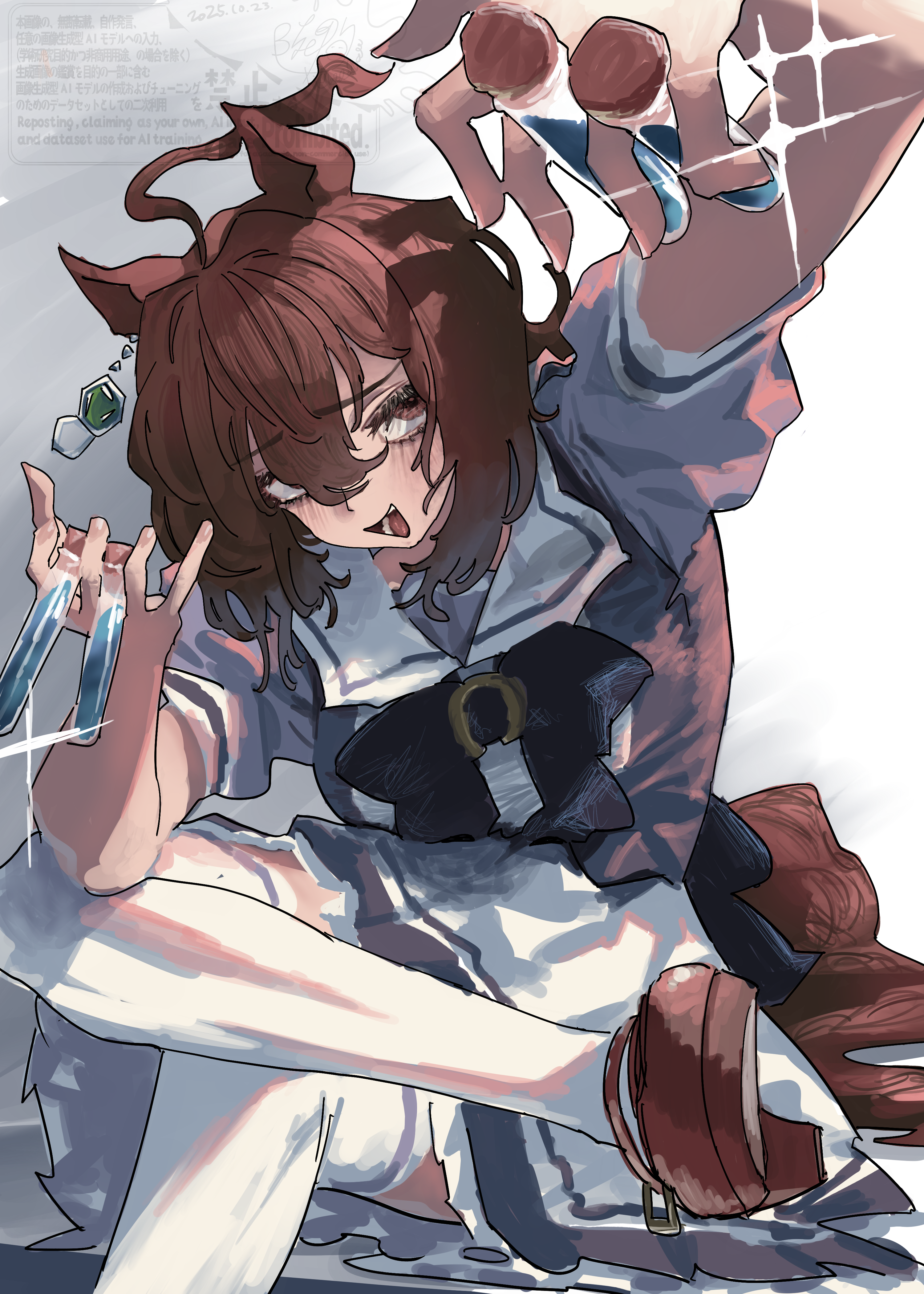 rinka (tonariuta), agnes tachyon (umamusume), umamusume, absurdres, highres, 1girl, animal ears, between fingers, bow, brown hair, brown shoes, crossed legs, holding, holding vial, horse ears, horse girl, horse tail, looking at viewer, medium hair, purple bow, purple shirt, red eyes, sailor collar, school uniform, shirt, shoes, skirt, solo, tail, thighhighs, tracen school uniform, vial, white sailor collar, white skirt, white thighhighs, zettai ryouiki