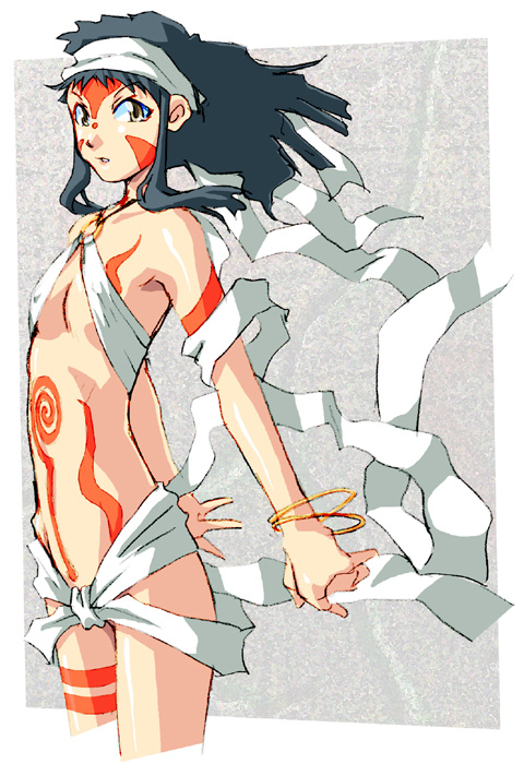 qkat (arikawa-dou), shimabara yuuhi, neo ranga, 1990s (style), 1girl, bare shoulders, black hair, bodypaint, bracelet, female focus, flat chest, headband, jewelry, long hair, midriff, retro artstyle, solo, tattoo, tribal, yellow eyes