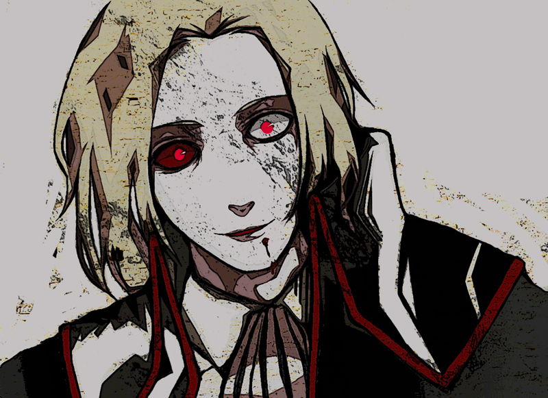pix-loiter, night of wallachia, melty blood, tsukihime, 00s, 1boy, blonde hair, blood, male focus, red eyes, solo