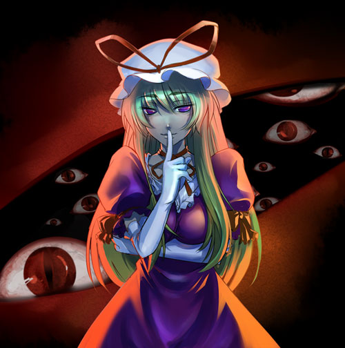 shiroton (kazamineko), yakumo yukari, touhou, breast hold, bad id, bad pixiv id, 1girl, arm up, blonde hair, breasts, crossed arms, dress, elbow gloves, eye focus, female focus, gap (touhou), gloves, hat, long hair, purple dress, purple eyes, solo