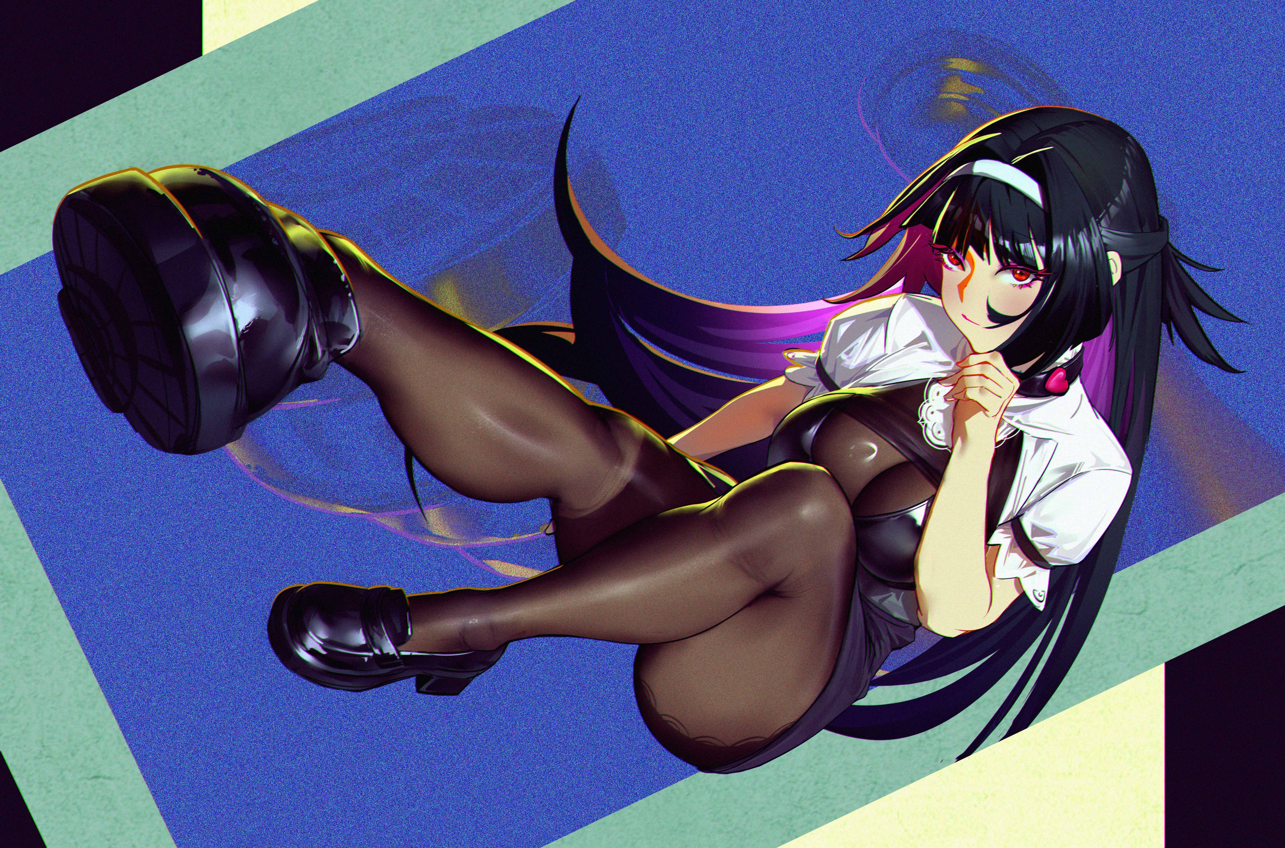 hhhhhddd audn, astra yao, zenless zone zero, absurdres, commentary request, highres, 1girl, black bra, black hair, black shoes, black skirt, blue background, bodystocking, border, bra, breasts, brown bodystocking, brown pantyhose, closed mouth, collar, colored inner hair, dithered background, from above, green border, hairband, hand on own chin, large breasts, long hair, looking at viewer, multicolored hair, pantyhose, red eyes, see-through clothes, shoes, shrug (clothing), sitting, skirt, sleeveless bodystocking, solo, underwear, uneven bangs, white hairband, white shrug