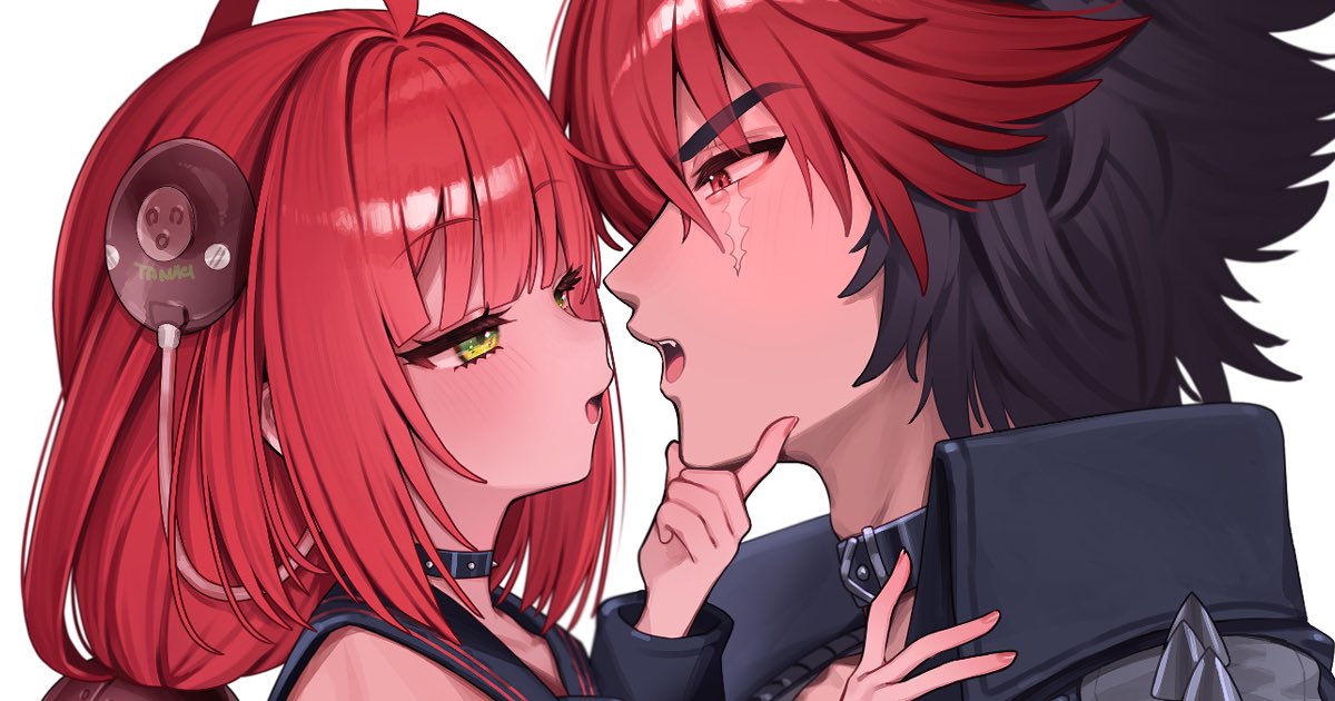 edajima denki, komano manato, ukinami yuzuha, zenless zone zero, 1boy, 1girl, adam's apple, ahoge, belt, belt collar, black belt, black choker, black collar, black hair, black sailor collar, blunt bangs, blush, choker, collar, face-to-face, fang, green eyes, hair intakes, half-closed eyes, hand on another's shoulder, hand on own chin, hand up, headphones, hetero, high collar, hime cut, long hair, looking at another, multicolored hair, open mouth, pink nails, red eyes, red hair, sailor collar, shoulder spikes, sidelocks, spiked choker, spikes, teeth, tsurime, two-tone hair, upper teeth only, white background
