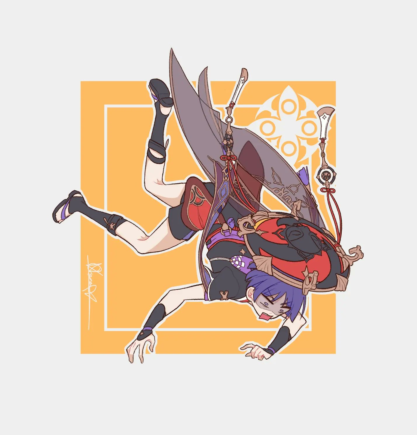 scaramouche (genshin impact), genshin impact, highres, 1boy, armor, black hat, black kimono, black mask, black sandals, black shorts, black sleeves, blank eyes, blunt ends, border, bridal legwear, constricted pupils, falling, fatui logo, frown, furisode, gold, gold trim, grey veil, hat, japanese armor, japanese clothes, jingasa, kimono, kote, kurokote, layered sleeves, looking down, male focus, mask on hat, o-ring, open hand, open mouth, orange background, oriana0w0, purple bag, purple hair, purple sash, purple sleeves, red hat, sandals, sash, short sleeves, shorts, signature, solo, stirrup legwear, tassel, teeth, toeless legwear, toes, two-tone hat, unworn hat, unworn headwear, upper teeth only, veil, white border, wispy bangs, zouri
