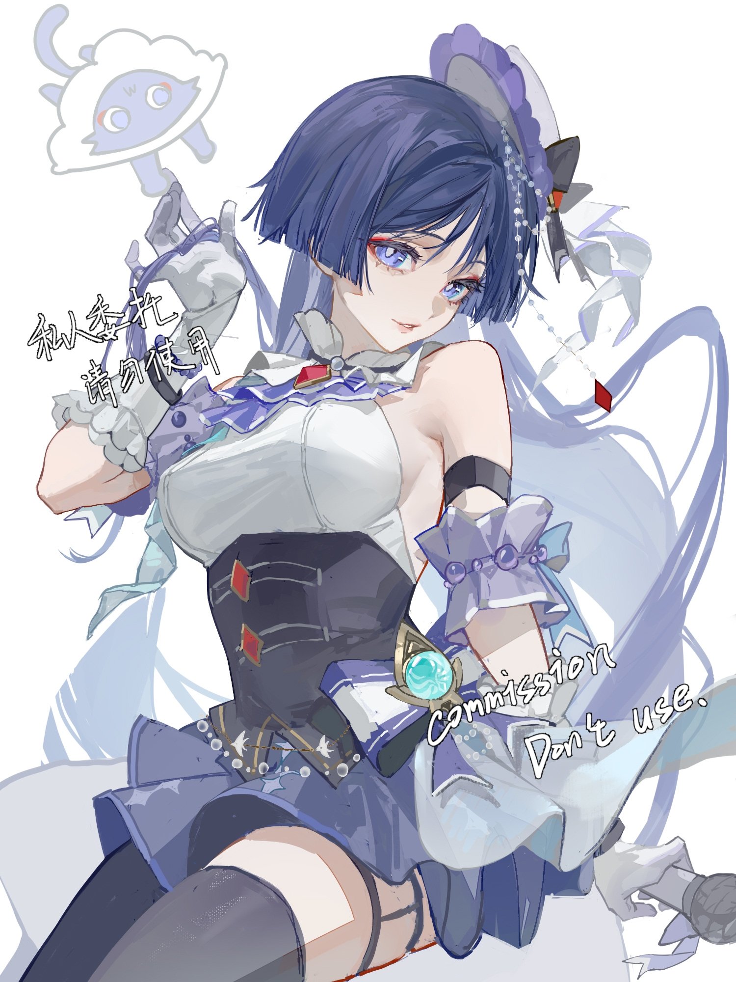 yonagi th, scaramouche (cat) (genshin impact), scaramouche (genshin impact), genshin impact, highres, 1girl, alternate costume, alternate hair length, alternate hairstyle, animalization, arm at side, arm cuffs, arm strap, bare shoulders, black bow, black corset, black thighhighs, blunt ends, boater hat, bow, breasts, bright pupils, collar, corset, eyelashes, eyeliner, eyeshadow, formal clothes, frilled collar, frilled gloves, frilled hat, frills, genderswap, genderswap (mtf), gloves, gold trim, hand up, hat, hat bow, head tilt, holding, holding microphone, idol, jewelry, long hair, looking at viewer, makeup, medium breasts, microphone, parted lips, person and animalization, pink lips, pleated skirt, purple eyes, purple skirt, red eyeliner, red eyeshadow, shirt, sideboob, skirt, sleeveless, sleeveless shirt, solo, thighhighs, thighlet, very long hair, white gloves, white hat, white mouth, white pupils, white shirt, wispy bangs
