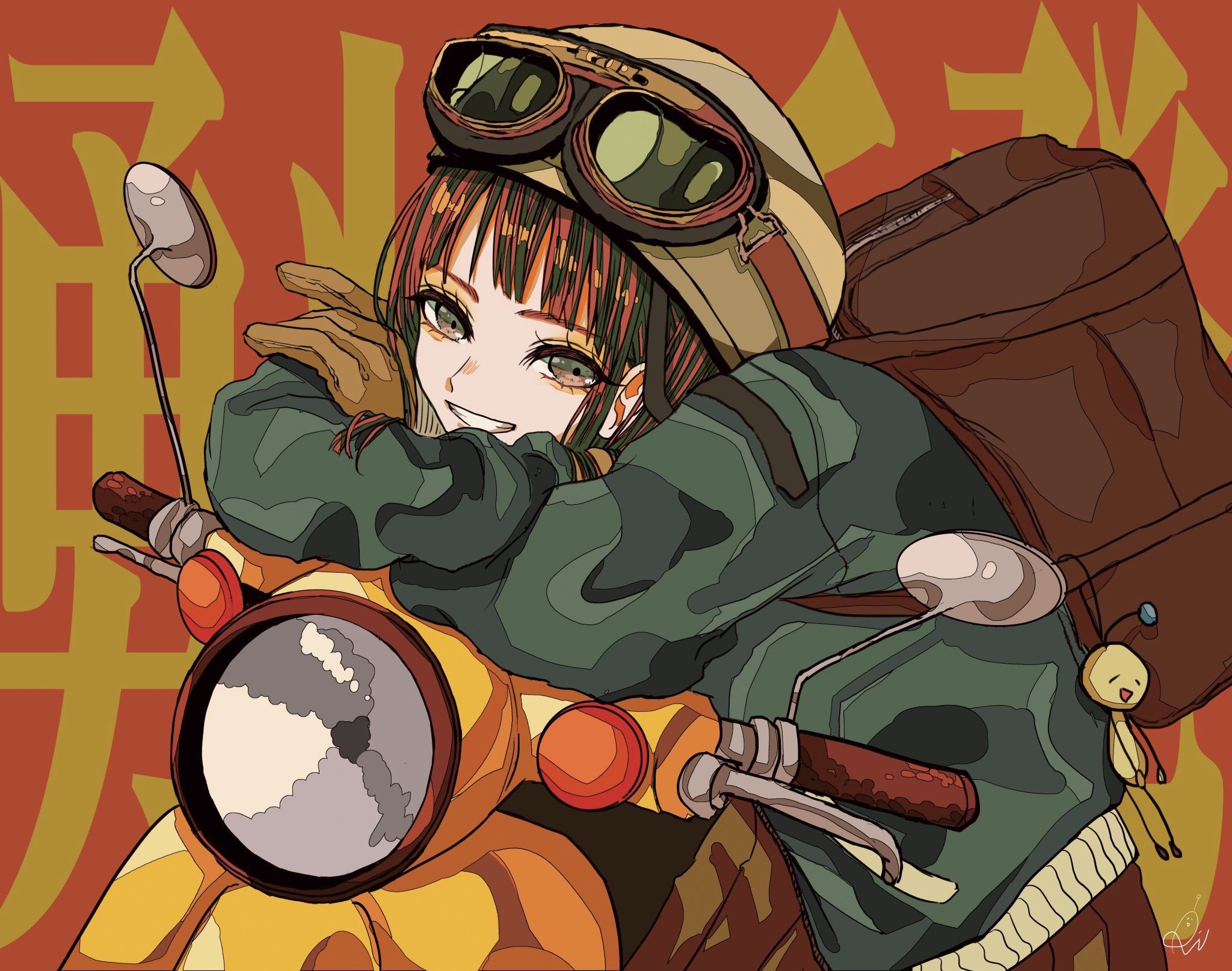 original, highres, 1girl, aviator goggles, bag charm, black eyes, black hair, bomber jacket, brown bag, brown gloves, charm (object), gloves, goggles, goggles on head, green jacket, grin, helmet, jacket, looking at viewer, medium hair, moped, motor vehicle, multicolored hair, orange hair, red background, rin (rinchoco91), smile, solo, streaked hair, two-tone hair