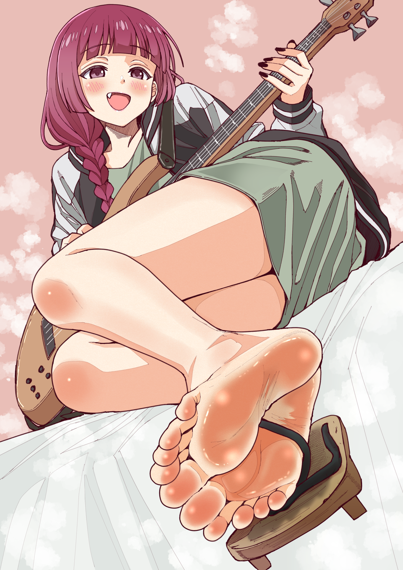 asikoma7777, hiroi kikuri, bocchi the rock!, highres, 1girl, barefoot, blush, feet, geta, guitar, instrument, long hair, open mouth, red eyes, red hair, shoes, single shoe, soles, steam, toes