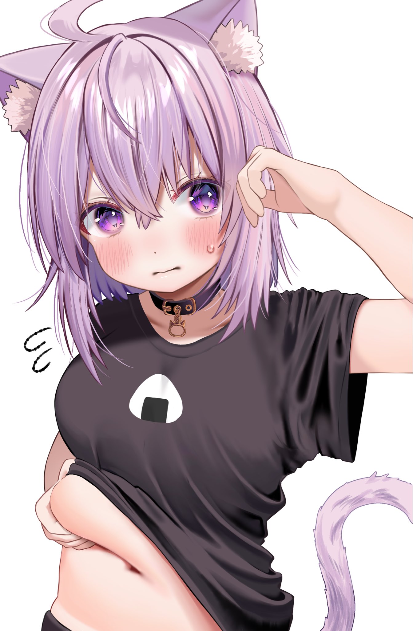 sahochan (mtxz4584), nekomata okayu, hololive, highres, 1girl, ahoge, animal ear fluff, animal ears, arm up, belly grab, belt collar, black choker, black shirt, blush, breasts, cat ears, cat girl, cat pendant, cat tail, choker, clothes lift, collar, embarrassed, food print, hand on own stomach, lips, medium breasts, medium hair, navel, onigiri print, pendant choker, plump, purple eyes, purple hair, shirt, shirt lift, solo, standing, sweat, t-shirt, tail, virtual youtuber, white background