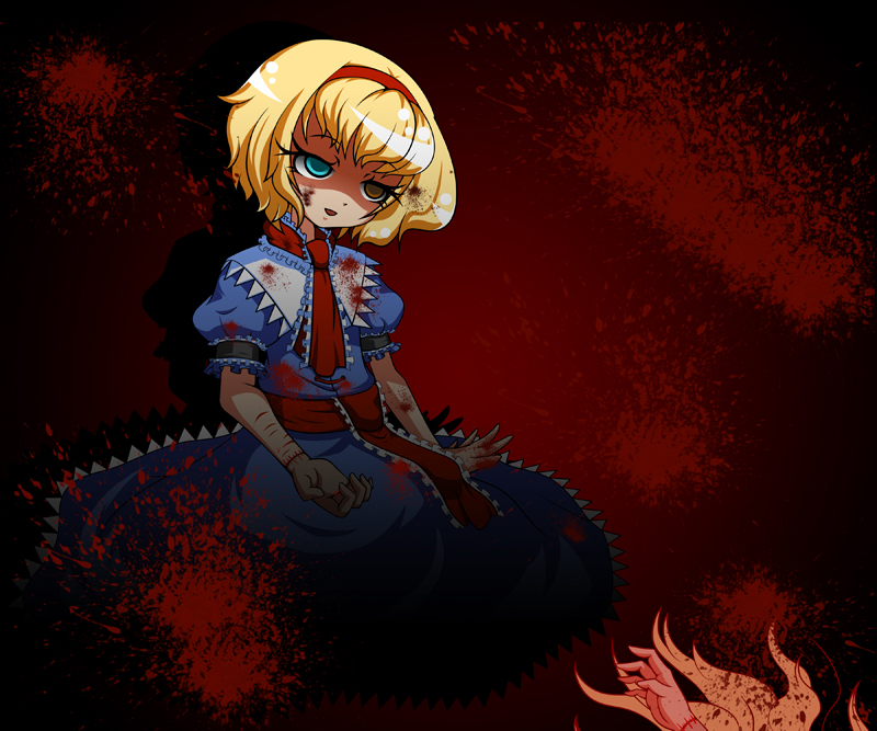 ranchuu, ranchuu (akamusume), alice margatroid, touhou, bad id, bad pixiv id, 1girl, blonde hair, blood, blue eyes, cuts, female focus, hairband, heterochromia, injury, scar, scar on arm, short hair, solo, stitches, yellow eyes