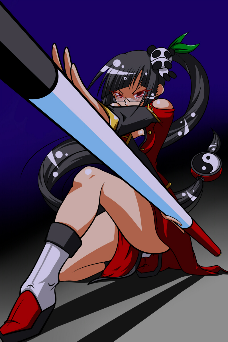 ranchuu, ranchuu (akamusume), lao jiu, litchi faye ling, arc system works, blazblue, blazblue: calamity trigger, bad id, bad pixiv id, highres, 1girl, black hair, breasts, cleavage, female focus, glasses, long hair, panda, ponytail, red eyes, small breasts, solo, staff, tears